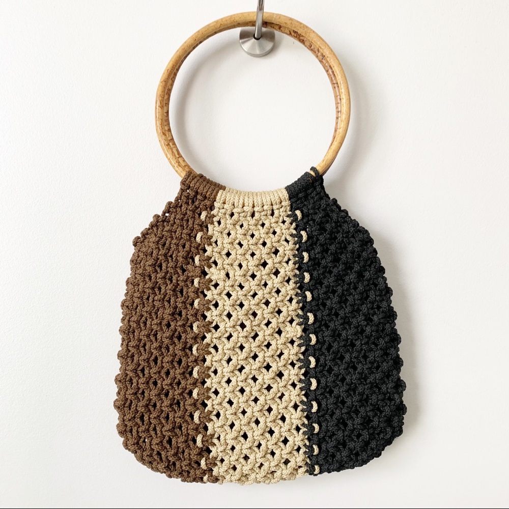 Lined Colorblock Macrame Circle Handled Tote